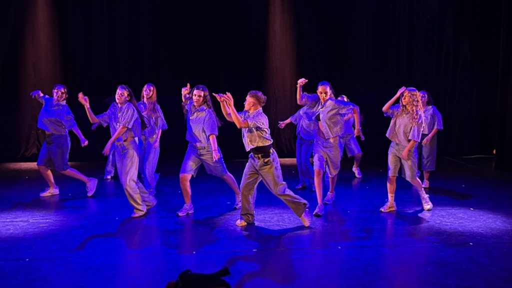 Group of dancers in blue checkered shirts performing a choreographed routine onstage under blue lighting.